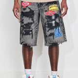 FRD PATCHES CUT OFF PLAID DENIM JORTS
